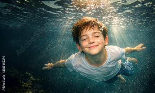 abgetaucht, Junge schwebt mit ausgebreiteten Armen unter Wasser mit geschlossenen Augen, Luftblasen um Gesicht, friedlich, ruhig, Sonnenstrahlen brechen die Wasseroberfläche, dunkler Hintergrund