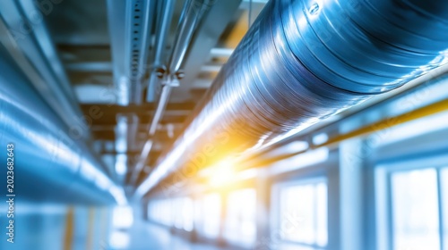 Industrial cooling system with intricate metallic ductwork and bright lighting in a modern facility
