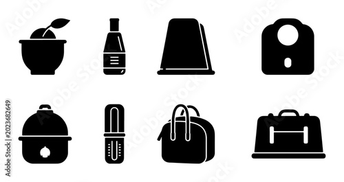 Bild auf Leinwand Set of 8 Black Silhouette Icons: Plant Pot, Bottle, Scale, Cooker, Bag, Suitcase