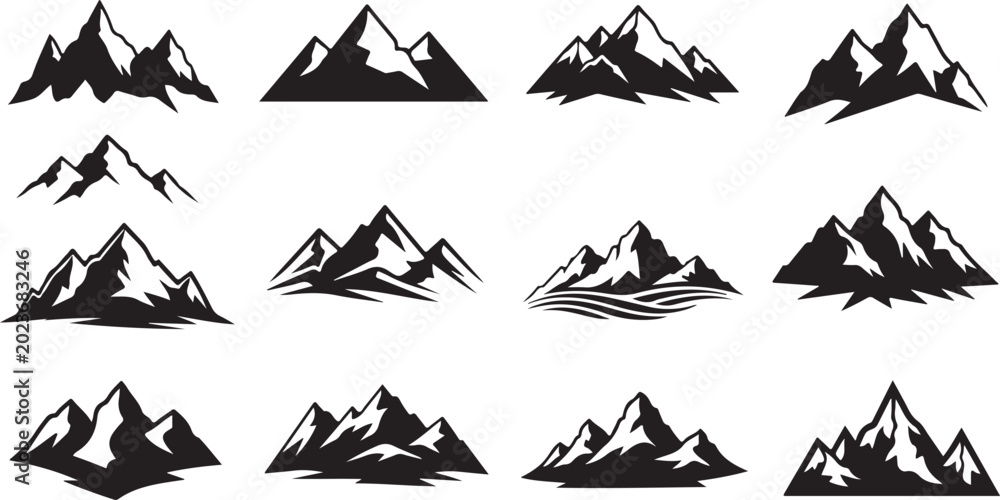 Obraz premium Mountain, Snowy Peaks, Icon Set, 15 Black Vector Graphics