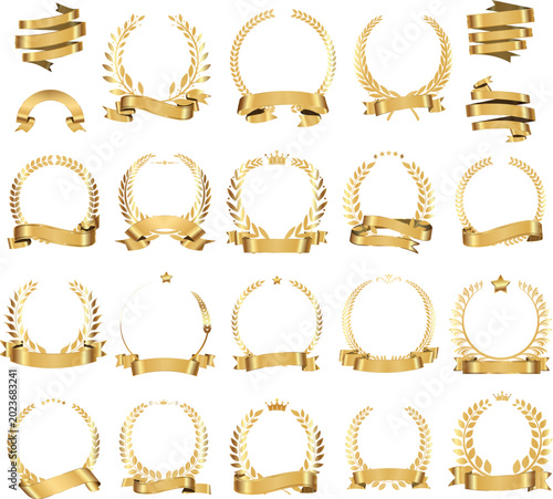 Elegant gold laurel wreaths and decorative ribbons with crowns stars and banners for awards ceremonies and premium designs