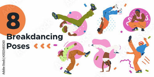 Vászonkép breakdancing poses set colorful vector illustration with dynamic figures