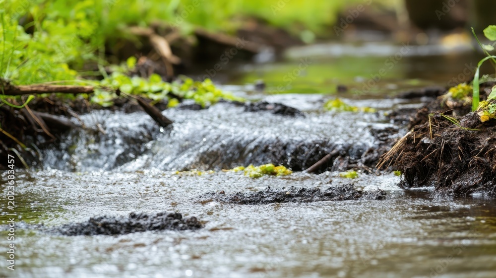Fototapeta premium Close-up focus on a natural river's surface with flowing water and surrounding green vegetation on an overcast day