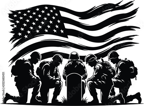 Φωτογραφία Soldiers Kneeling at Grave with Waving American Flag Silhouette