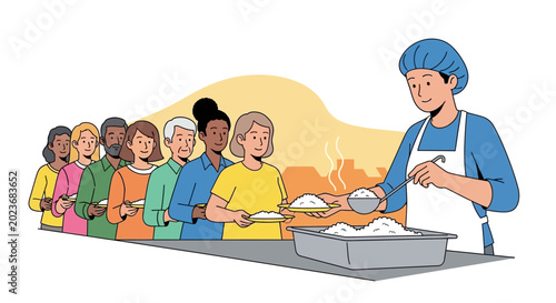Catering staff serving food to people.