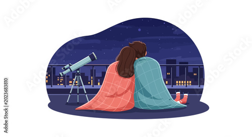 Two women looking through telescope together.