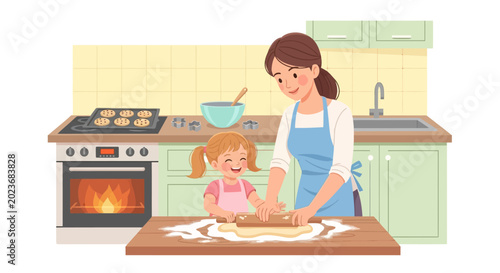 Woman and little girl baking cookies.