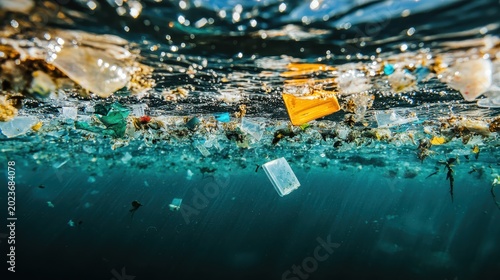 Ubiquitous microplastics floating on the ocean surface, a stark representation of global water contamination and its impact.