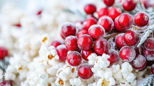 Vibrant Red Cranberries and White Popcorn Garland Decorations for a Festive Christmas Holiday Season