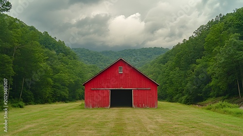 Majestic Red Barn Stands Alone in Valley Amidst Verdant Green Mountains.