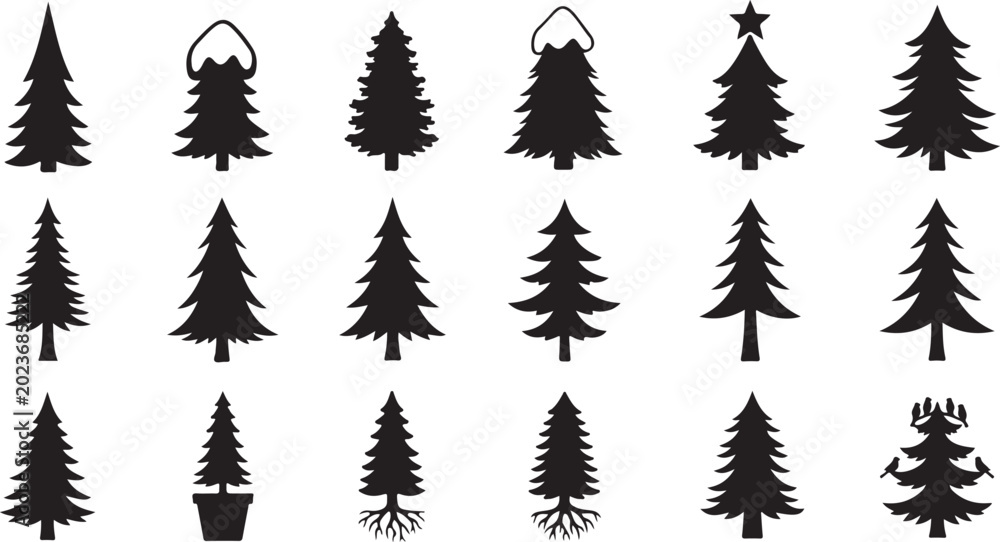Fototapeta premium Black Christmas Tree Icons, Vector Pine Tree Silhouettes, Holiday Symbols