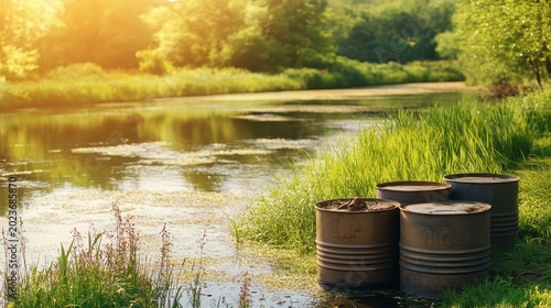Rusty industrial waste barrels gathered near a tranquil riverbank under bright sunlight, showcasing environmental neglect and pollution.
