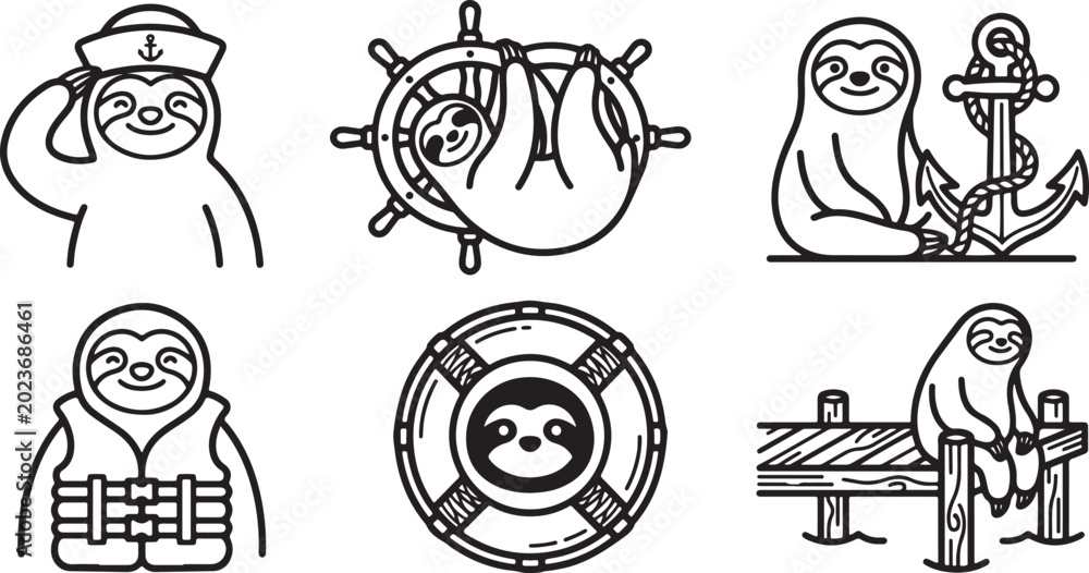 Fototapeta premium Cute sloth characters engaged in various nautical activities illustrated in a clean black and white line art style design set