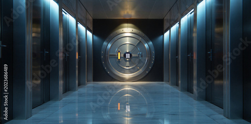 Large steel vault door in secure bank facility with glowing blue corridor lights security corridor financial industrial protection entrance facility illumination circular
