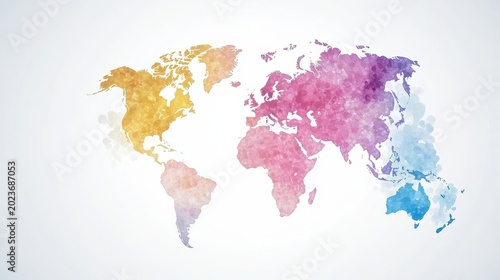 World map illustrated with vibrant watercolor textures, showcasing global connectivity and diverse continents