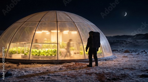 Explorer standing before illuminated geodesic dome greenhouse on alien desert landscape at night
