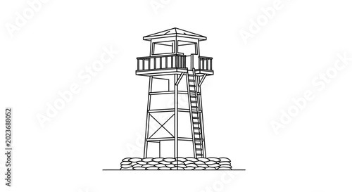 Tableau sur toile Line art illustration of a defensive observation watchtower with sandbags at its base