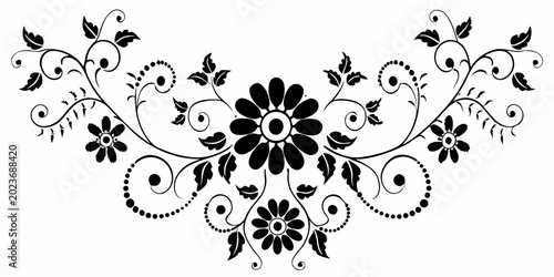 black and white floral ornament with swirling vines and blossoms
