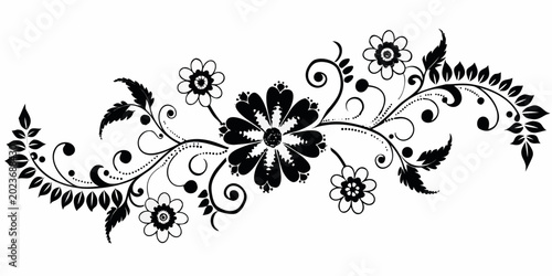black and white floral ornament with swirling vines and leaves