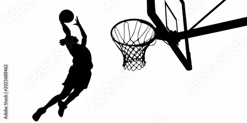 Fotografía basketball player silhouette performing a dunk against a white background