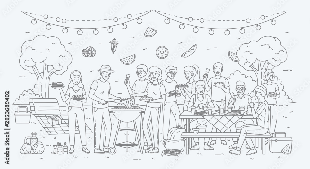 Obraz premium Group of Friends Having Fun at Outdoor Barbecue Party Line Art