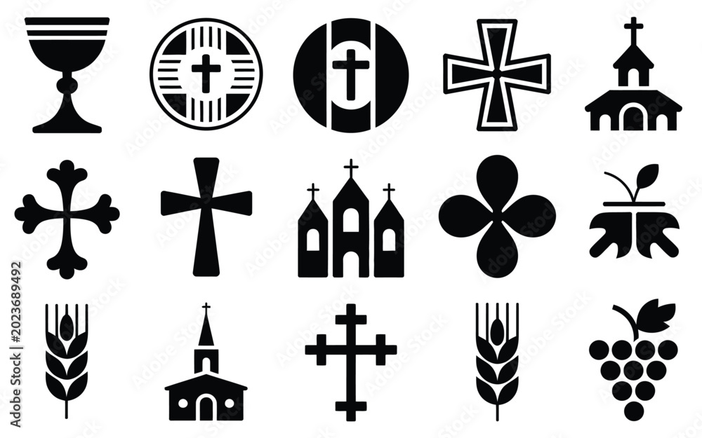 Fototapeta premium Black and white vector icons of religious symbols crosses churches wheat and grapes in minimalist style