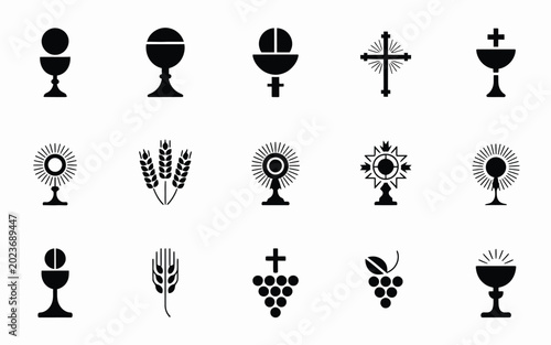 Bild auf Leinwand Minimalist christian symbols including chalices crosses wheat grapes and monstra