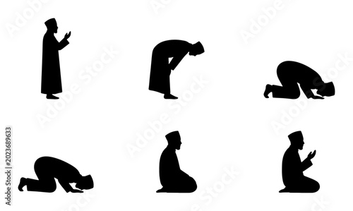 Fotografie Islamic Prayer Silhouettes, Muslim Worship Poses, Salat Rakat Sequence, Devotion