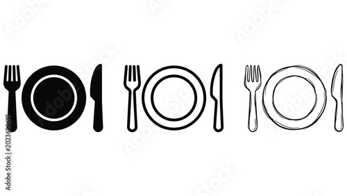 Картината върху платно Dining Icons Set with Fork Plate and Knife in Various Styles