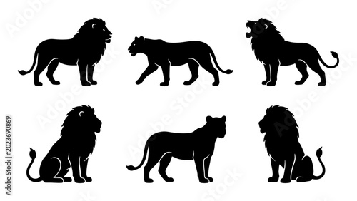 Canvas Print Lion Silhouettes Collection: Majestic Male and Female Big Cats in Diverse Poses,