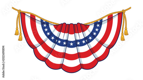 American Flag Bunting Illustration, Paper fans and stars in American colors seamless border. Half-circle bunting garlands, red, white, and blue patriotic decorations. July 4, independence day