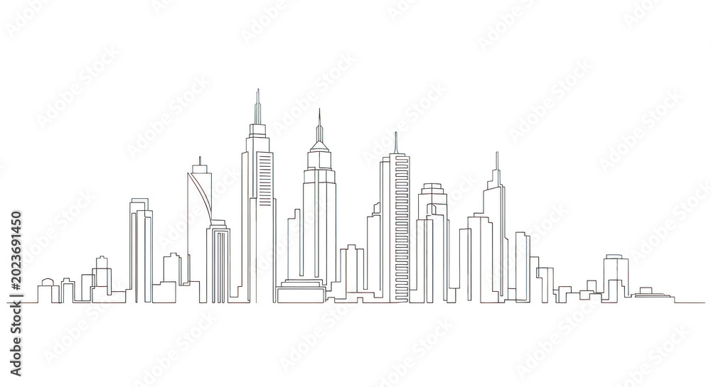 Fototapeta premium City skyline, urban landscape, line art, illustration