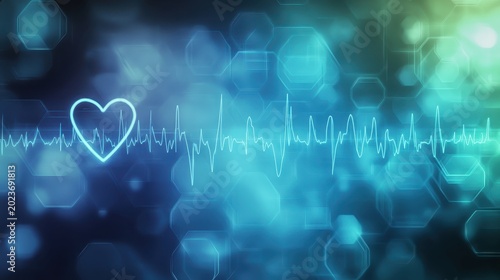 Digital health technology visualizing a glowing blue heartbeat signal on a hexagonal medical background