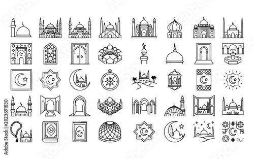 Islamic symbols and buildings doodle icons