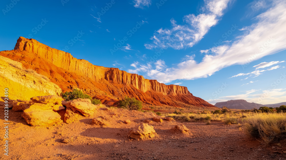 Fototapeta premium Ancient Red Rock Formations in Southwest Desert at Golden Hour