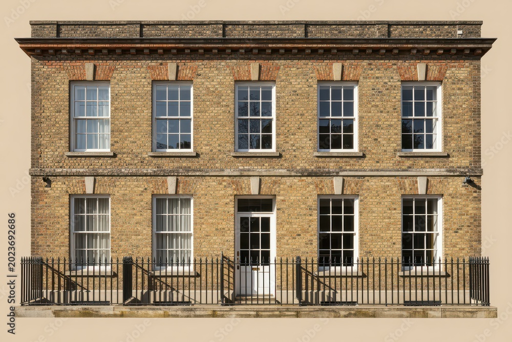 Obraz premium Historic Brick Townhouse with White-Framed Windows and Black Iron Fence