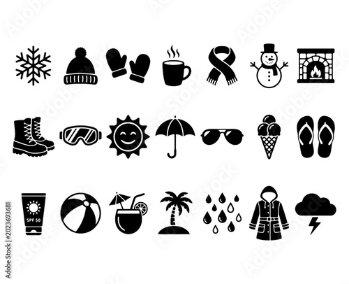 Fotografie Weather forecast and seasonal clothing icons pack