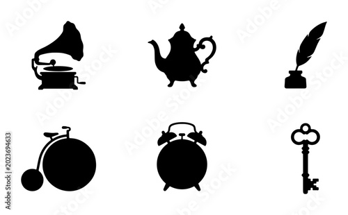 Foto Vintage Icons Collection: Gramophone, Teapot, Quill, Penny Farthing, Alarm Clock