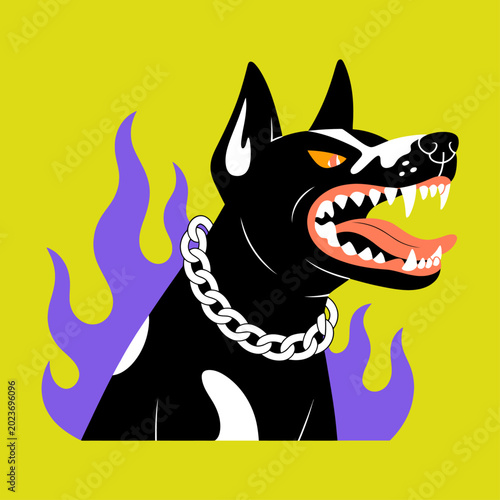 Flat vector graphic of a snarling black canine wearing a silver chain collar surrounded by purple flame accents on a vivid yellow backdrop