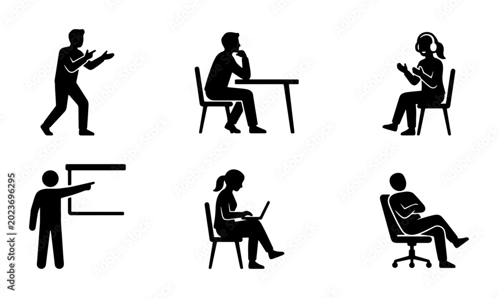 Fototapeta premium Diverse Stick Figure People Poses, Business Meeting, Presentation, Office Work, Casual Sitting, 6 Icon Set