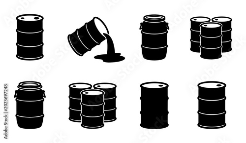 Obraz na płótnie Black Oil Drum Icons Set, Industrial Barrel Graphics, Liquid Container Vector Co