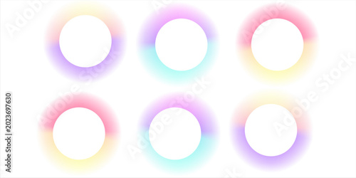 Three colorful gradient circles with blue, purple, and orange tones on a white background.