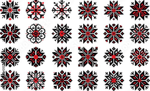 Konstfotografi Traditional Slavic Pixel Art Ornament Vector Set Featuring Red and Black Cross S