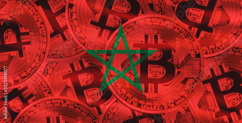Konstfotografi Bitcoins cryptocurrency with Morocco flag, Investors in Blockchain Technology