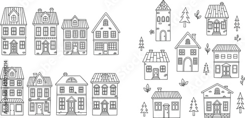 Photos Hand Drawn House and Village Collection Vector Illustration with Cute Cottage Bu