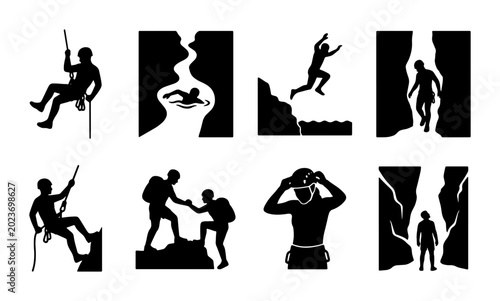Canvas Print Adventure Sports Icons Set: Rock Climbing, Canyoneering, Cliff Jumping, Swimming