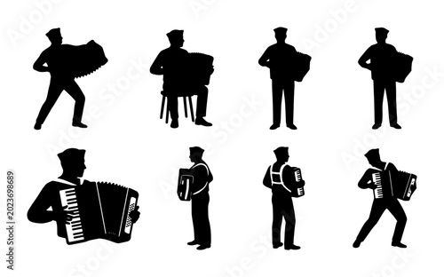 Tableau sur toile Accordion Player Silhouettes, Musical Performance Icons, Vintage Instrument Vect
