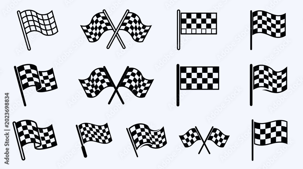 Fototapeta premium Checkered racing flags collection vector icons for motorsports and competition