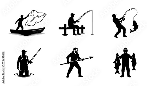 Bilde på lerret Fishing Icons Set: Angler Silhouette Collection, Fisherman Vector Graphics, Outd