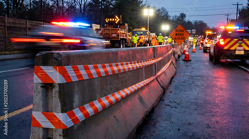 Construction Zone with Orange Tape on Concrete Barriers and Flashing Lights